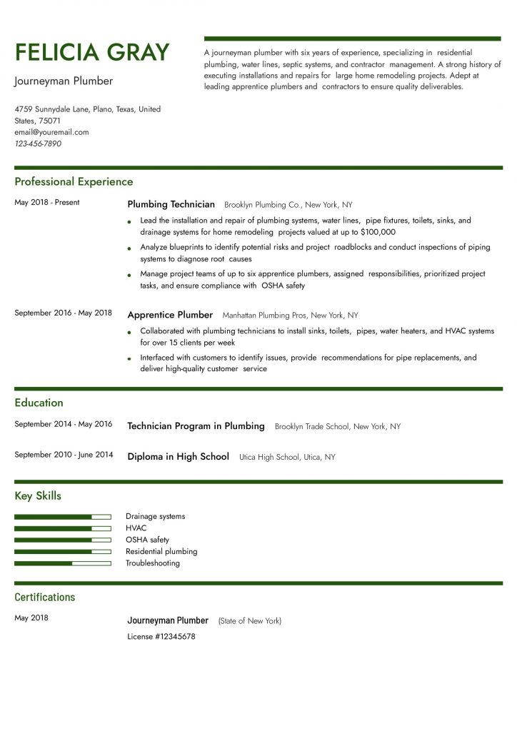 How Should A Apprentice Plumbing Resume Be Set Up